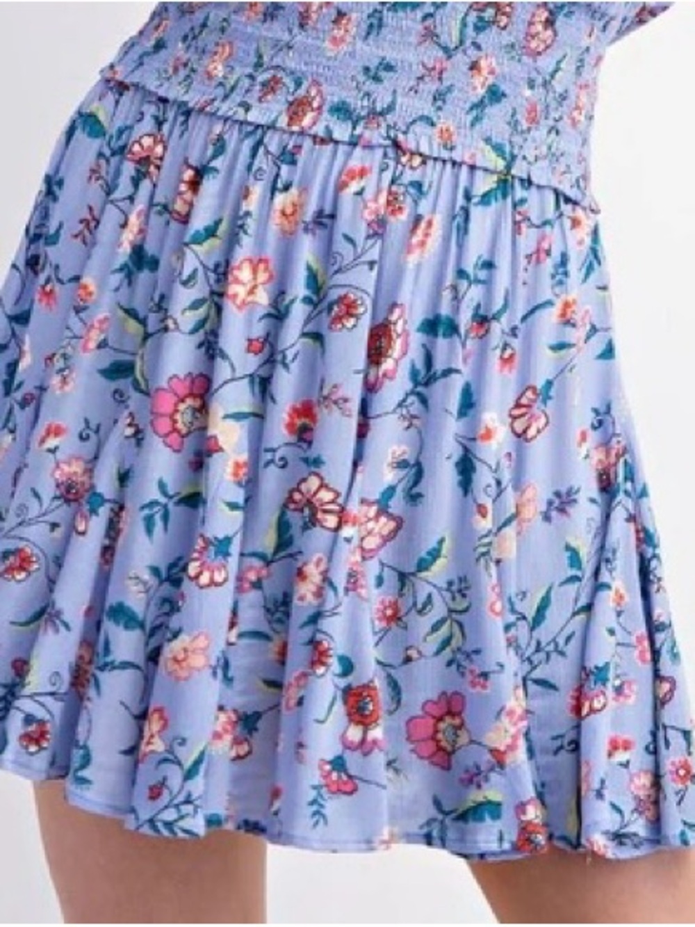 easel mini skirt flare botanical Floral Smocked waist periwinkle rayon lined‎ S
